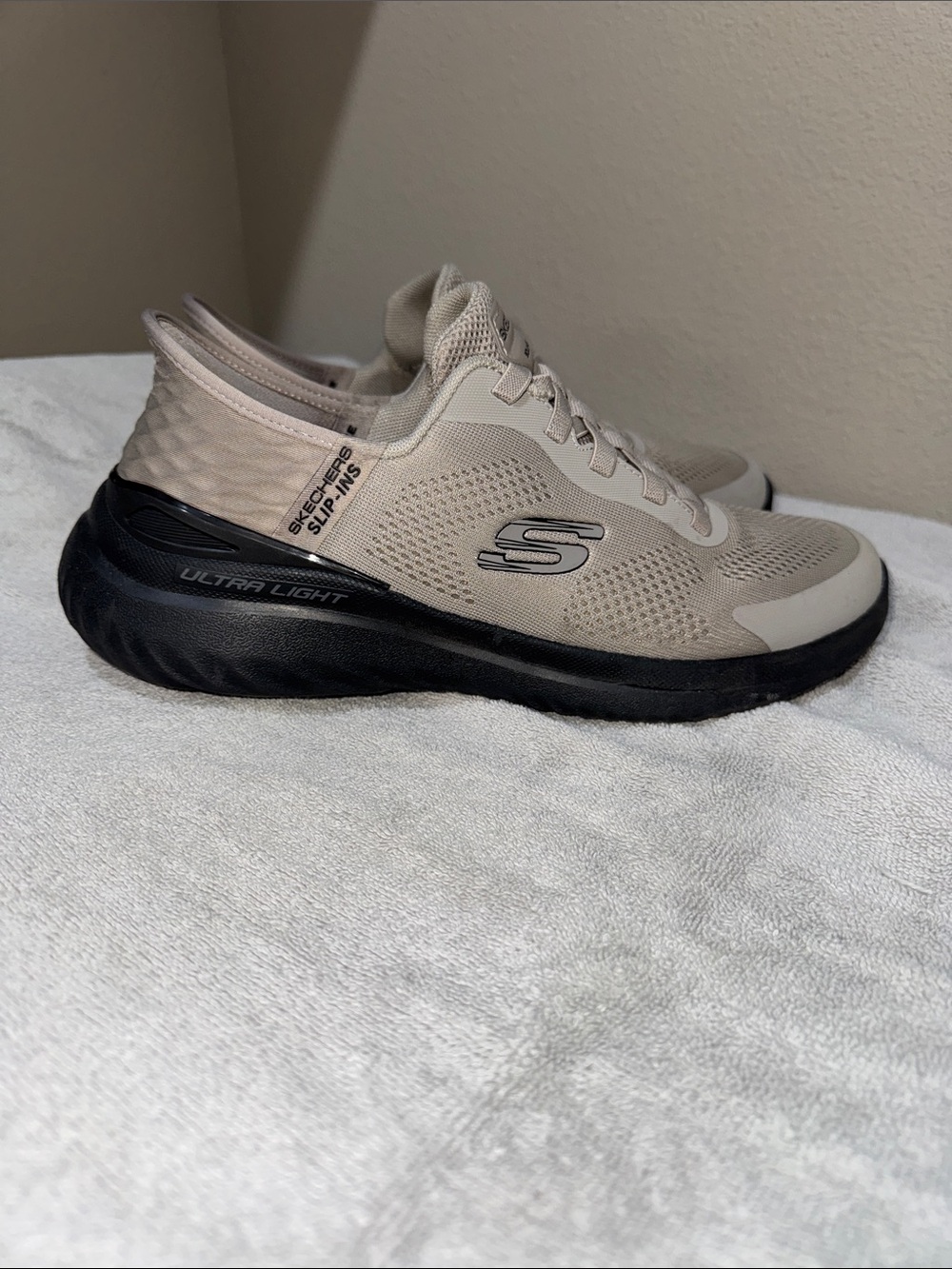 Skechers Men's Taupe Mesh Sneakers with Black Sole